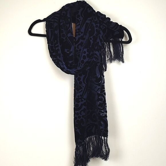 ZazouLuxe Silk Blend Navy Blue Sheer Velvet Flocked Music Inspired Fringed Scarf - Picture 7 of 8